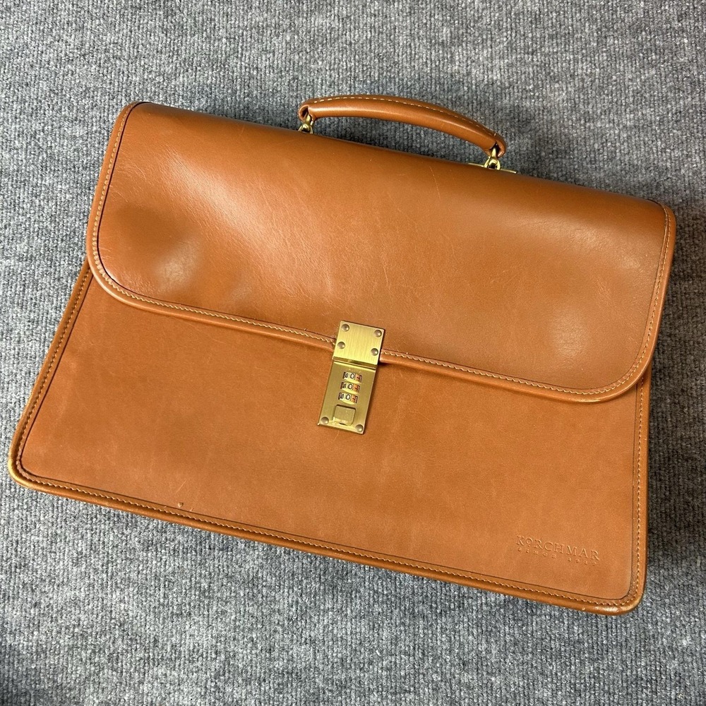 Korchmar Brown 13" Leather Mens Briefcase Business Bag Locking Shoulder Strap